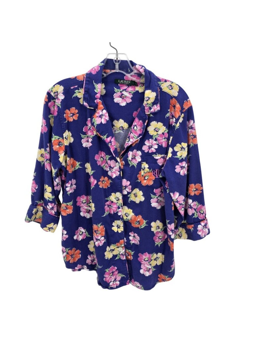 Lauren Ralph Lauren Pajama Top Womens L Purple Floral Button Up Lounge Sleepwear